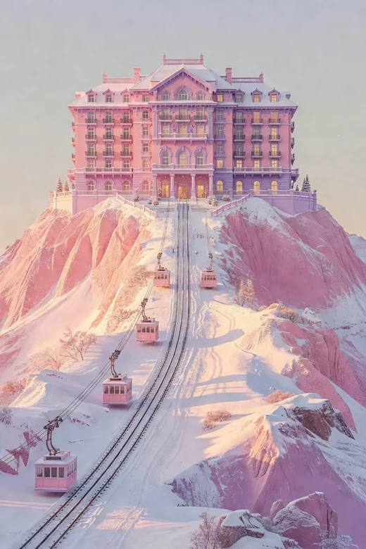 Ilustração gerada por IA inspirada no filme Grand Budapest Hotel